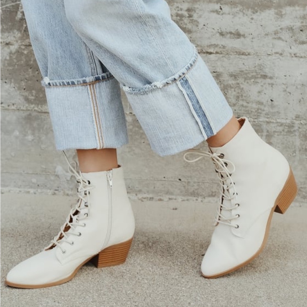 Lulu’s Montie Beige Lace-Up Ankle Booties